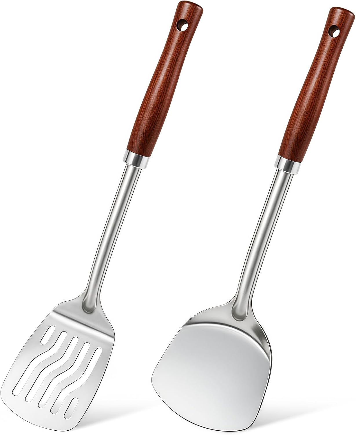 2 Pcs Stainless Steel Spatulas Set, Metal Spatula Solid & Slotted Turner, Heavy Duty Sturdy Spatula for Kitchen Use, High Heat Resistant Cooking Utensils for Fish Eggs Pancakes, Easy to Clean, Silver