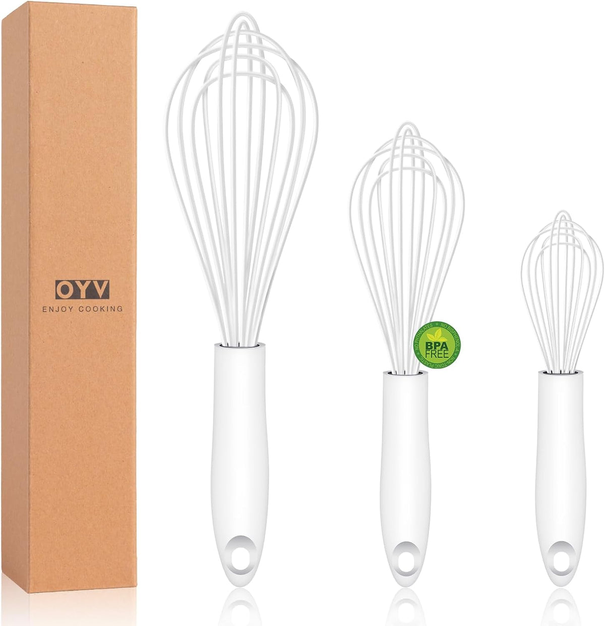 OYV Dishwasher Safe Silicone Whisk, Sealed Waterproof Design Set of 3, Professional Kitchen Whisks for Cooking Non-Scratch, Silicone & Stainless Steel Whisk, Heat Resistant Balloon Egg Beater, Black