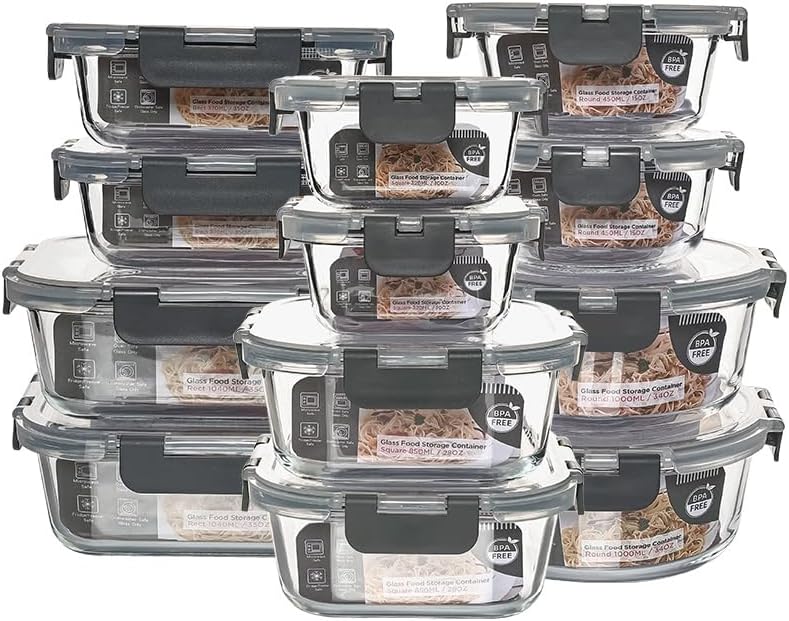 12 Pack Glass Storage Containers Transparent, Stackable Design Meal Prep Containers for Food Storage, Home, Kitchen & Pantry Organization, Microwave/Freezer/Dishwasher Safe