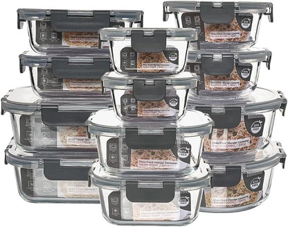 12 Pack Glass Storage Containers Transparent, Stackable Design Meal Prep Containers for Food Storage, Home, Kitchen & Pantry Organization, Microwave/Freezer/Dishwasher Safe