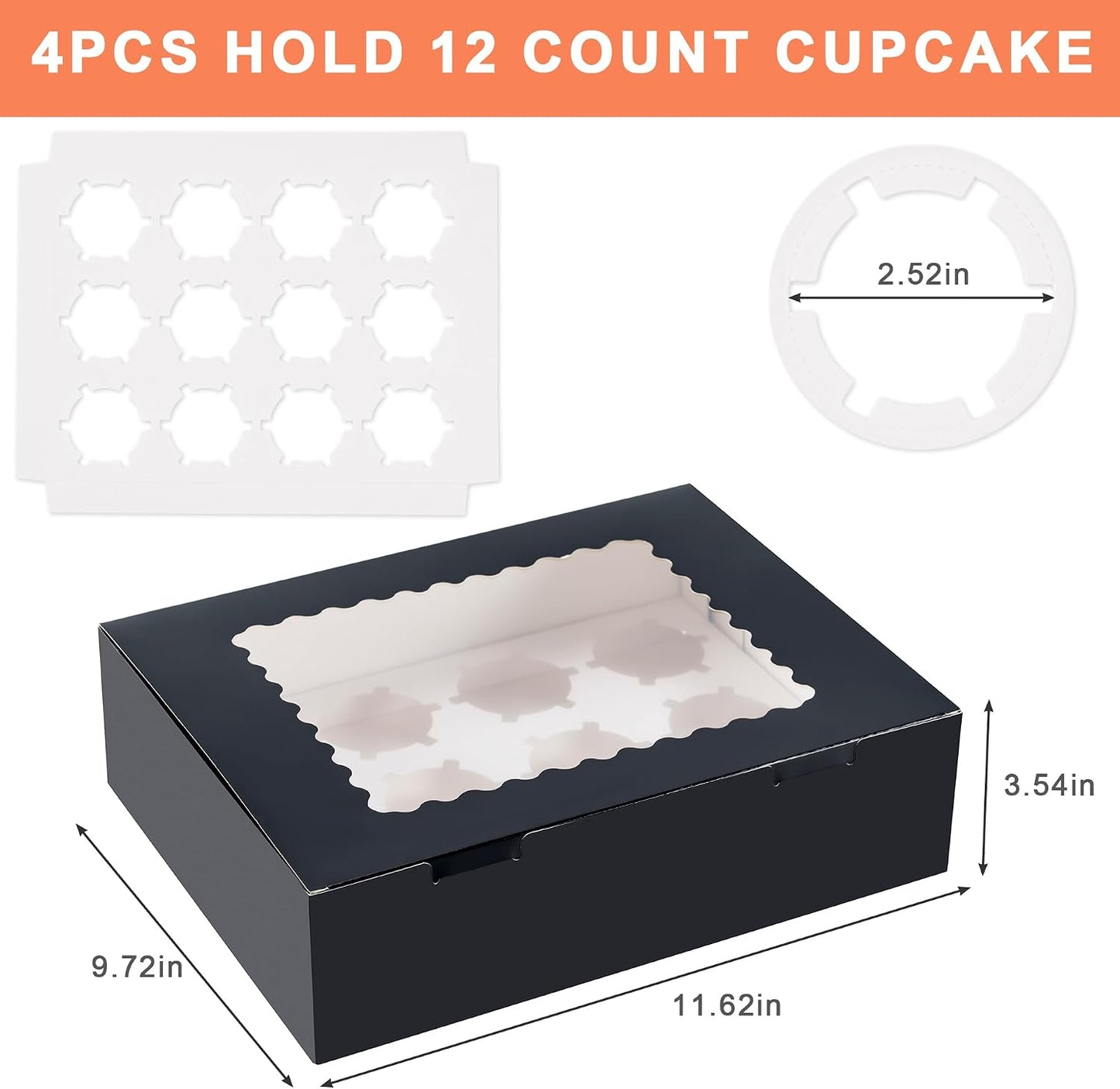 12 Count Cupcake Boxes, 4PCS Cupcake Container with Window, Food Grade Cupcake Holder for Birthday Holiday Party, Bakery Supplies for Cupcakes, Desserts, and More