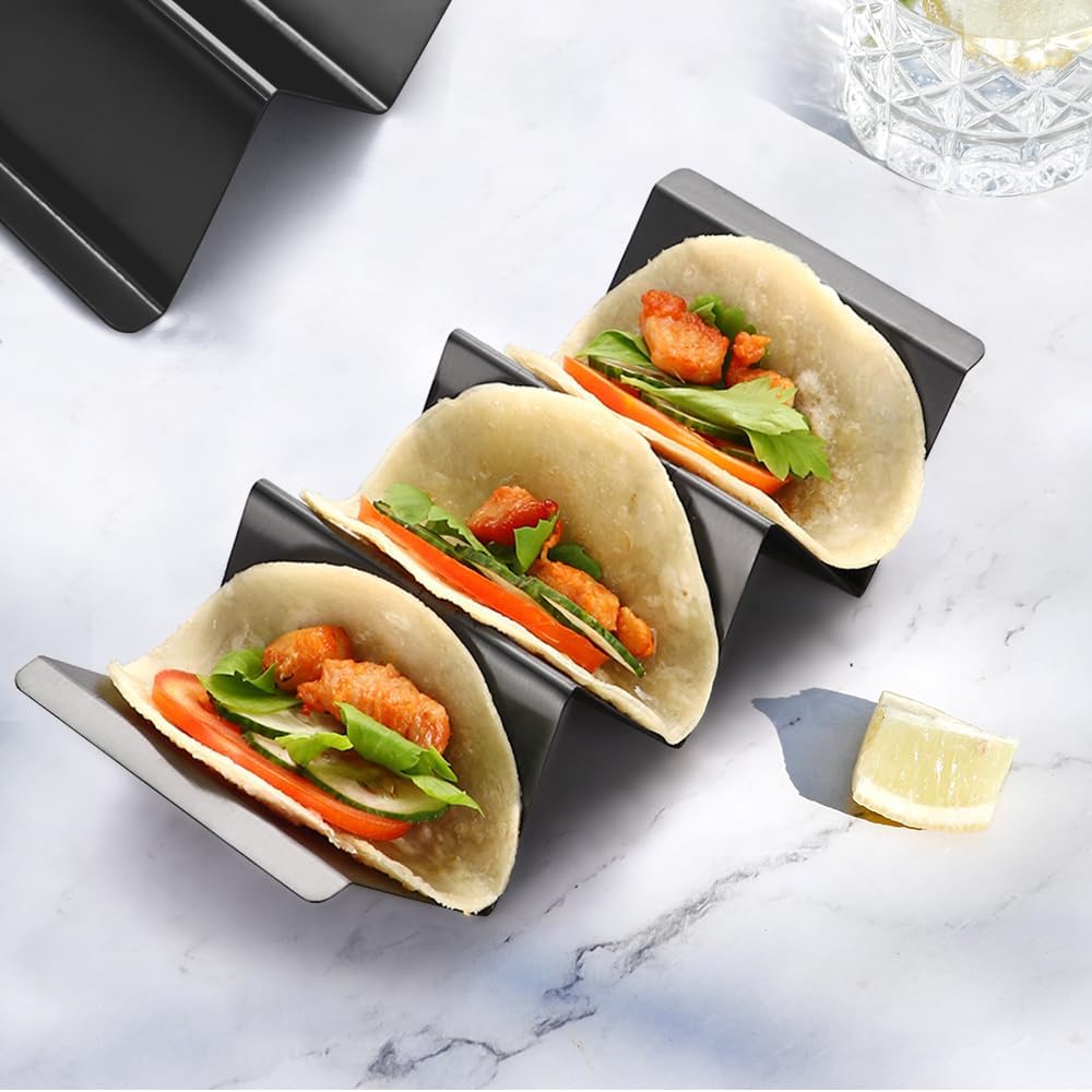 Black Taco Holder Stand,Set of 6 Stainless Steel Taco Tray,Stylish Taco Shell Holders,Rack Holds Up to 3 Tacos Each Keeping Shells Upright,Health Material Taco Rack by RTT -Oven,Grill Dishwasher Safe
