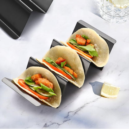 Black Taco Holder Stand,Set of 6 Stainless Steel Taco Tray,Stylish Taco Shell Holders,Rack Holds Up to 3 Tacos Each Keeping Shells Upright,Health Material Taco Rack by RTT -Oven,Grill Dishwasher Safe