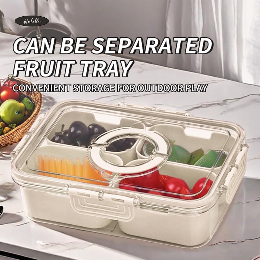 Small Snackle Box Container with Lid, 4 Compartment Travel Snack Container with Handle, Divided Serving Tray with Lid, Portable Snack Box for Candy, Fruits, Nuts, Snacks, Veggies