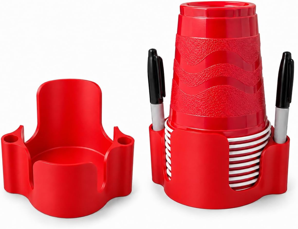 Party Cup Dispenser with Marker Holder – Stackable Plastic Cup Organizer for Parties, Events, BBQs, Picnics, Graduations & Drink Stations, Cup and Marker Caddy, Black (Red)