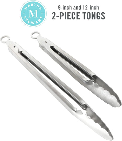 Martha Stewart Richburn 2-Piece Stainless Steel Tongs Set – 12-Inch and 9-Inch Kitchen Tongs for Grilling, Serving, and Cooking