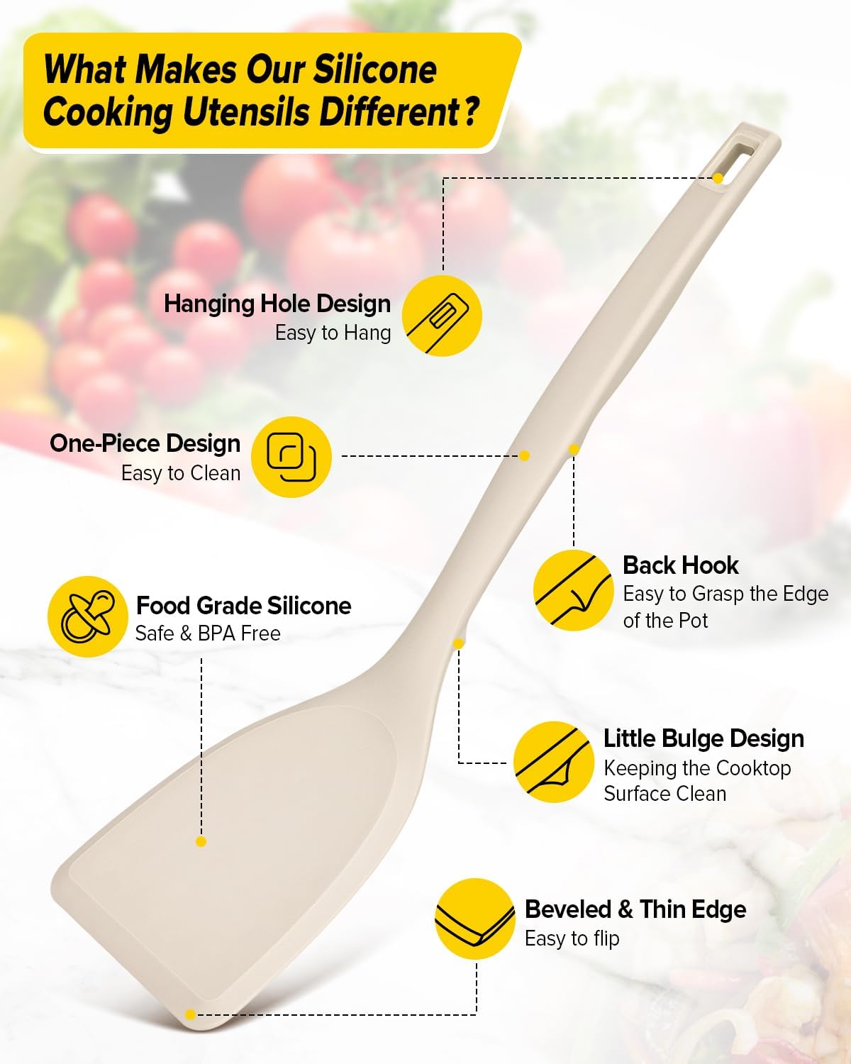 Pack of 4 Silicone Cooking Utensils Set, Non Stick Solid Spatulas and Heat Resistant Slotted Spoons with Back Hooks, Ideal BPA Free Kitchen Utensils Set for Frying,Serving,Turning,Stirring(KHAKI)