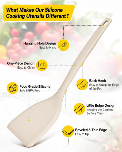 Pack of 4 Silicone Cooking Utensils Set, Non Stick Solid Spatulas and Heat Resistant Slotted Spoons with Back Hooks, Ideal BPA Free Kitchen Utensils Set for Frying,Serving,Turning,Stirring(KHAKI)
