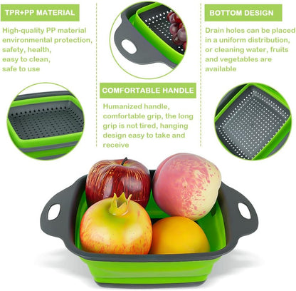 AUAUY 2 PCS Collapsible Colander Set, Square Silicone Folding Colander with Plastic Handles, Eco-Friendly Large Hole Kitchen Strainer for Draining Pasta Vegetables Fruits-1 Large and 1 Small