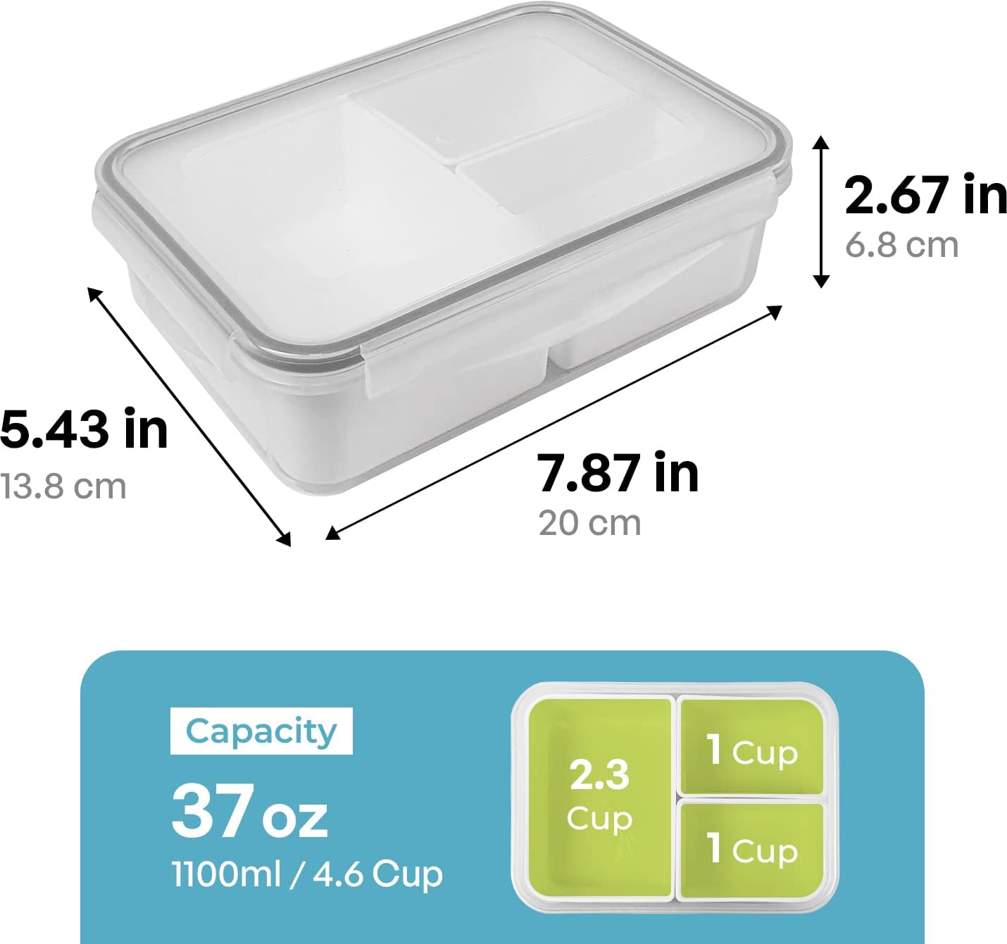 carrotez Food Storage Containers with 3 Removable Compartments, Food Prep Container with Airtight Lids, Portion Control Container, Microwave Safe, Reusable, 4.64 Cup (1100ml)