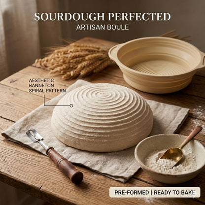 Set of 2 Round 9 Inch Silicone Banneton Proofing Baskets | No Sticking | Dishwasher Safe | Collapsible for Easy Storage | New England Sourdough Starter Co.