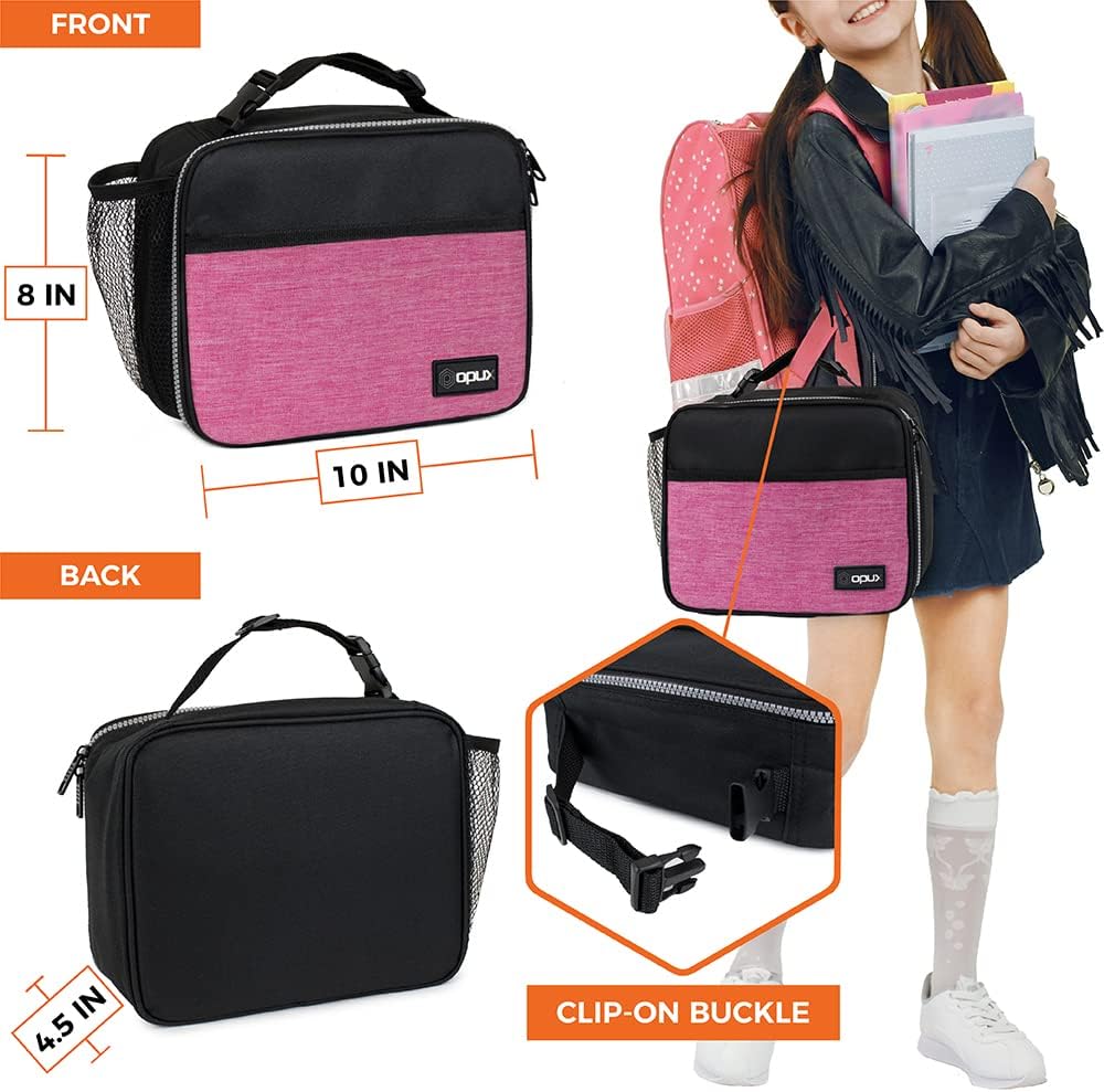 opux Insulated Lunch Bag Kids, Lunch Box for School Boy Girl, Leakproof Small Reusable Compact Soft Mini Cooler Bag, Toddler Small Lunch Boxes Kit Pail with Front Side Pockets (Purple)