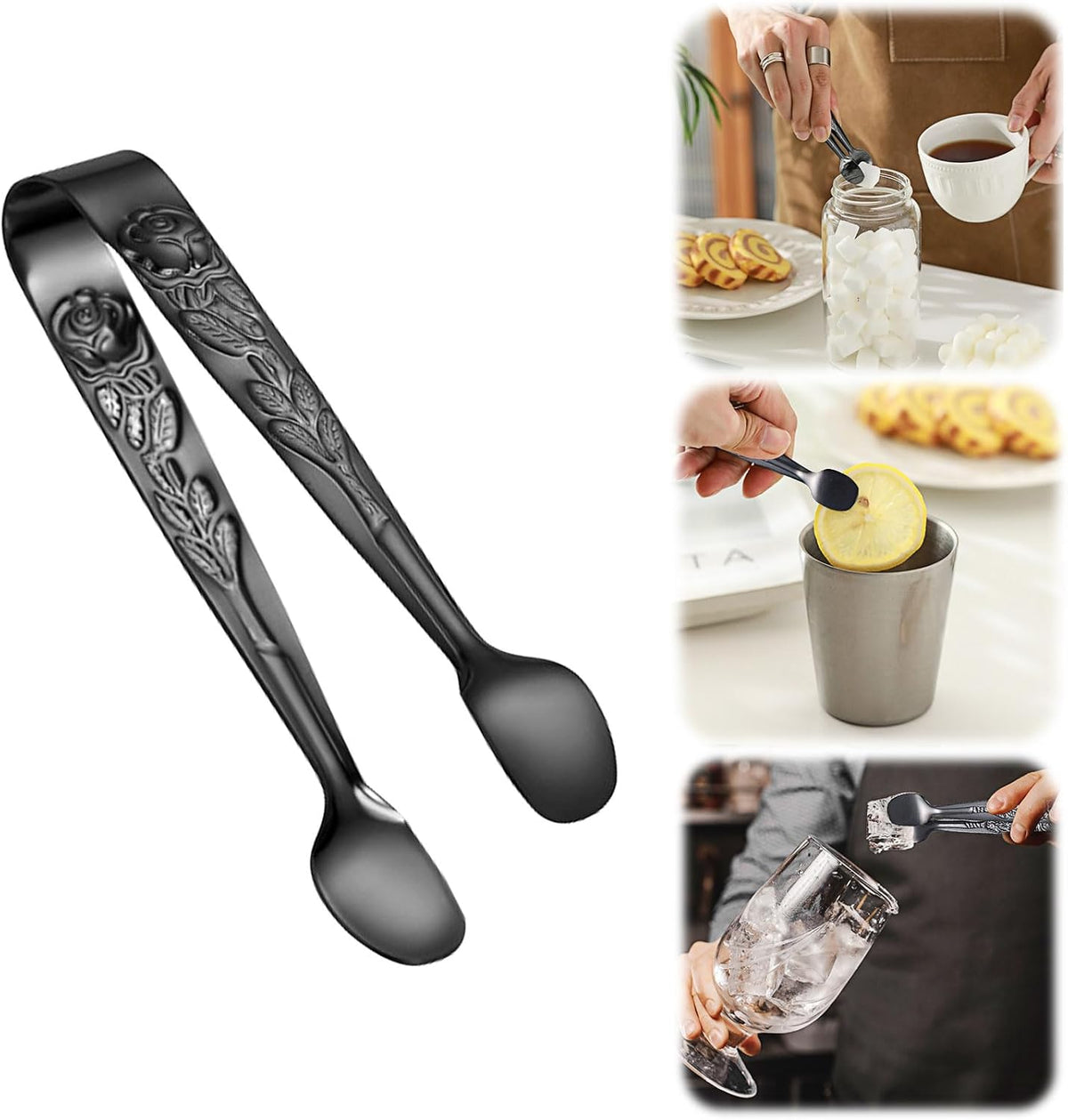 4.33 Inch Stainless Steel Ice Tongs for Ice Bucket，Metal Sugar Cube Mini Tongs，Set of 3 (Black-A)