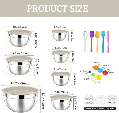 Mixing Bowls with Lids Set, Stainless Steel, 7 Sizes (0.7-4.5QT), with 3 Grater Attachments, Nesting, Dishwasher Safe, for Cooking, Baking and Serving (Khaki-7 Sizes)