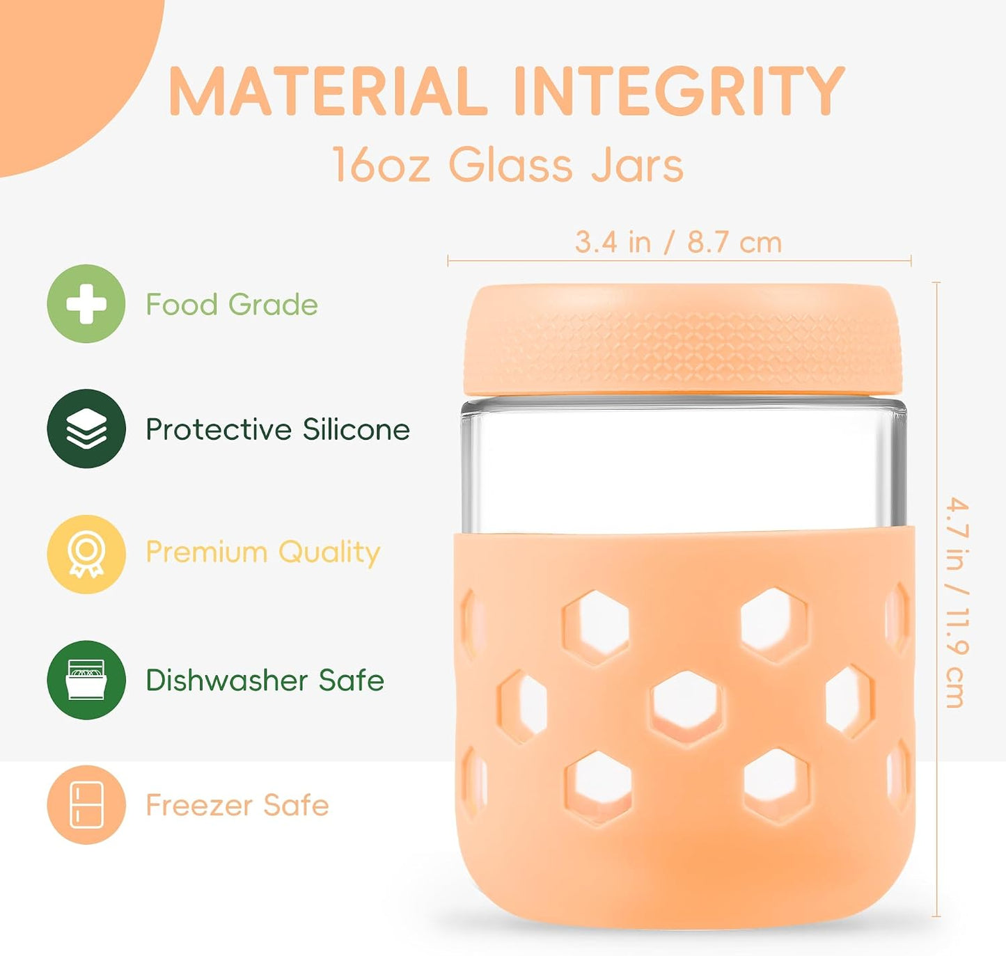 Gemice 6-Pack 10oz Glass Mason Jars with Silicone Sleeves, Airtight BPA-Free Overnight Oats Containers with Lids, Dishwasher Safe Leak-Proof Meal Prep Jars for Chia Pudding, Yogurt, Snacks