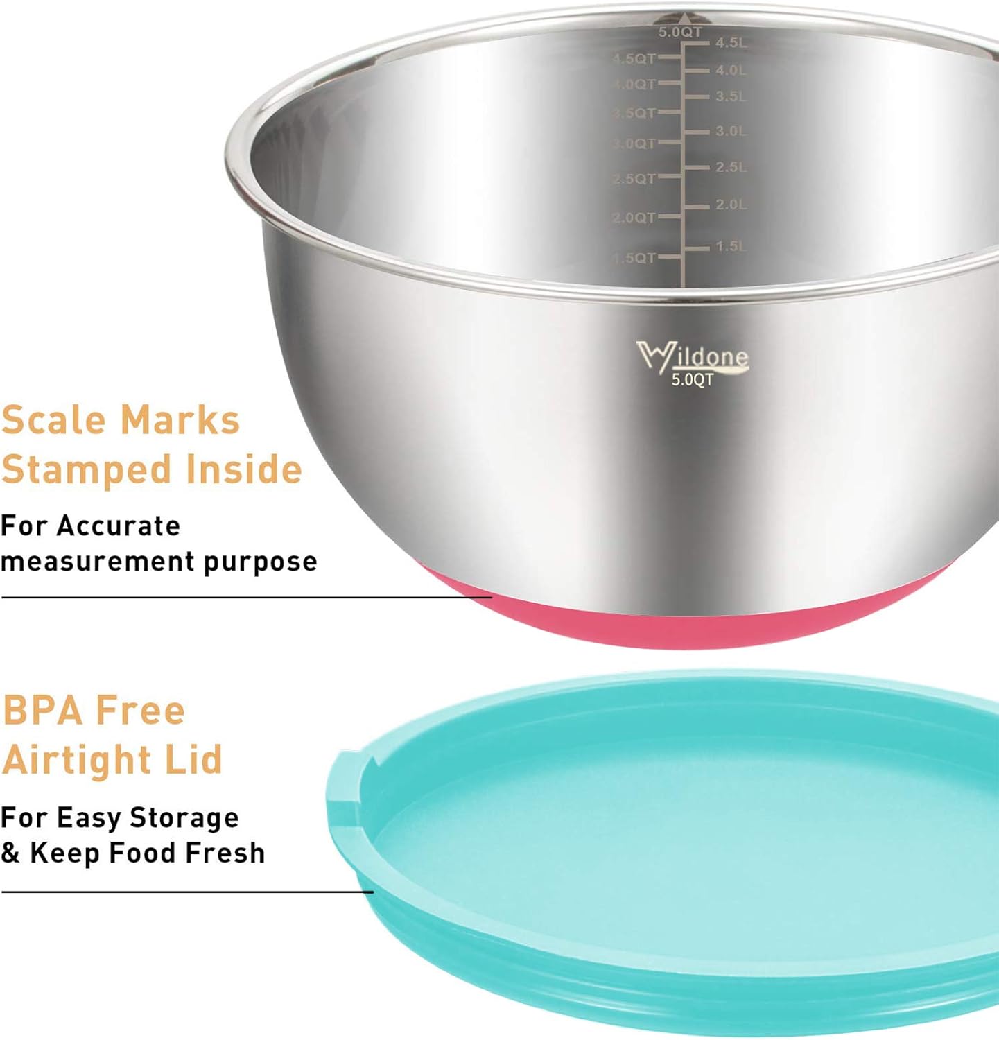 Wildone Mixing Bowls with Airtight Lids Set, 5PCS Stainless Steel Khaki Nesting Bowls for Kitchen, with Grater Attachments & Non-Slip Bottoms, Size 5, 3, 2, 1.5, 0.63 QT, Great for Mixing & Serving