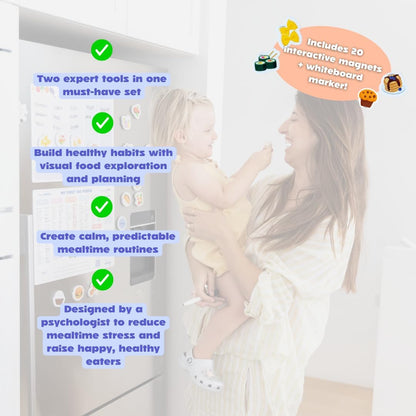 CATCHY - My First 100 Foods Tracker + Our Weekly Menu Set - 1 Magnetic Whiteboard Checklist, 1 Food Planner, 20 Fridge Magnets + 1 Marker - For Introducing Solids & Weekly Meal Planning - Reusable