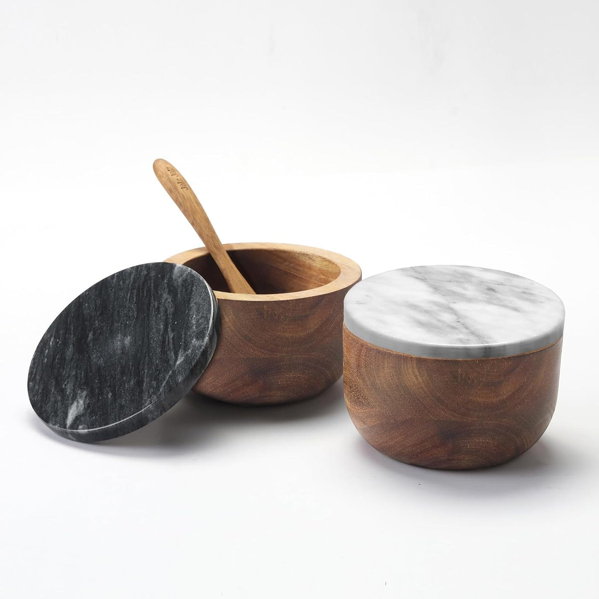jalz jalz Acacia Wood Salt Cellar with white Marble Lid, 10oz Pinch Pot & Spoon