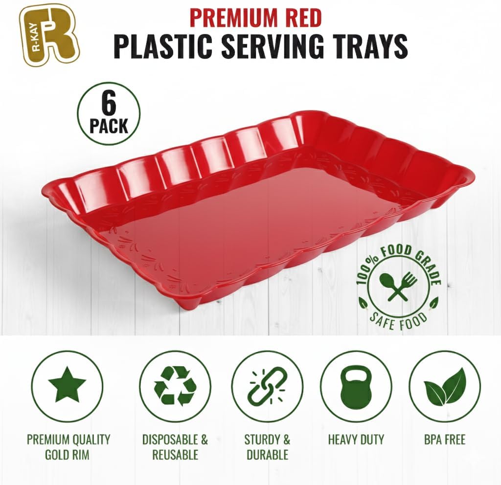 6 Pack Clear Plastic Serving Trays for Party, 9 x 13 Inch - Heavy Duty Plastic Trays for Food - Rectangular Party Serving Trays and Platters - Clear Disposable Trays