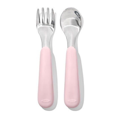 OXO Tot On-The-Go Fork and Spoon Set with Blossom and Opal Travel Cases, Stainless Steel Utensils for Kids