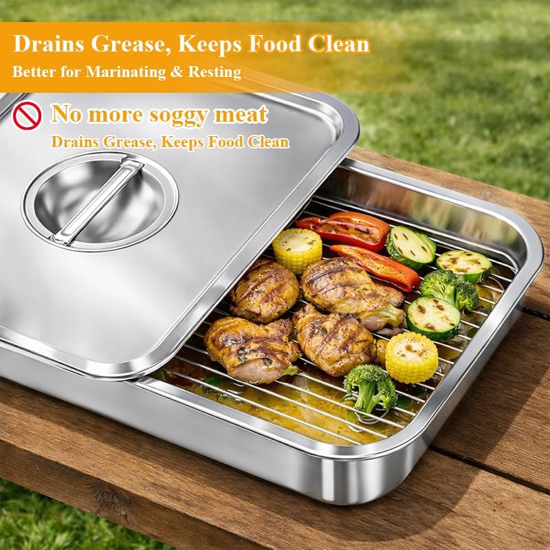 10-Piece Grill Prep and Carry System, Stainless Steel BBQ Prep and Serve Trays with Lid, Dishwasher Safe Cutting Board, Ingredient Prep Trays & Meat Marinade Container for Outdoor Grilling