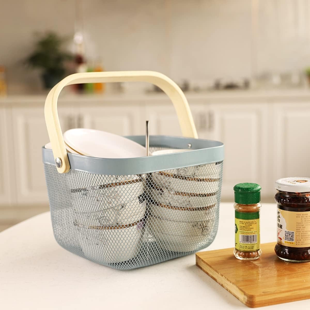 Mesh Steel Storage Organizer Basket Fruit Basket Bin with Wood Handle Ideal for Kitchen Bathroom Picnic Baskets Pantry Cabinets Storage Home Decor (White)