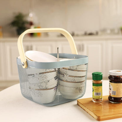 Mesh Steel Storage Organizer Basket Fruit Basket Bin with Wood Handle Ideal for Kitchen Bathroom Picnic Baskets Pantry Cabinets Storage Home Decor (White)