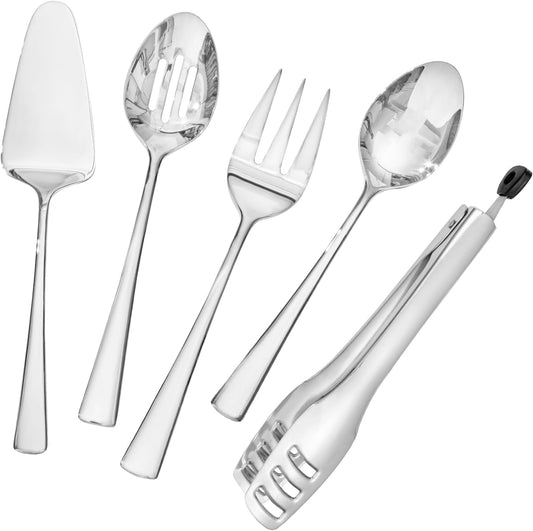 KINGSTONE 8 Piece Serving Utensils Set, 18/10 Stainless Steel Serving Utensils, Slotted Spoon, Serving Spoon, Fork, Tong, Soup Ladle, Cake Server for Buffet, Parties, Kitchen