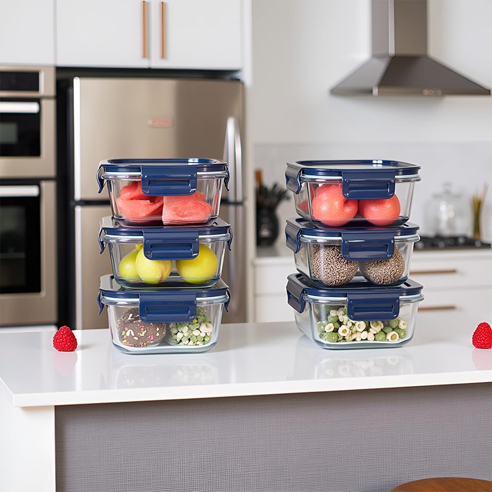16oz Square Glass Food Storage Containers With Lids, 2 Cup Square Glass Food Containers With Lids, BPA free Small Meal Prep Bowls for leftovers, Dishwasher, Freezer Safe (8Pack)