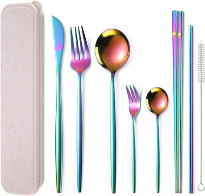AARAINBOW 8 Pieces Stainless Steel Flatware Set Portable Reusable Cutlery Set Travel Utensils Set Including Chopsticks Knife Fork Spoon Straws Cleaning Brush Dishwasher Safe (Pink Golden)
