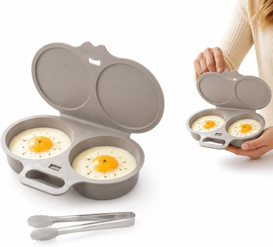 Microwave Egg Poacher, Non‑Stick Dual Cavity Egg Cooker with Lids (Grey)