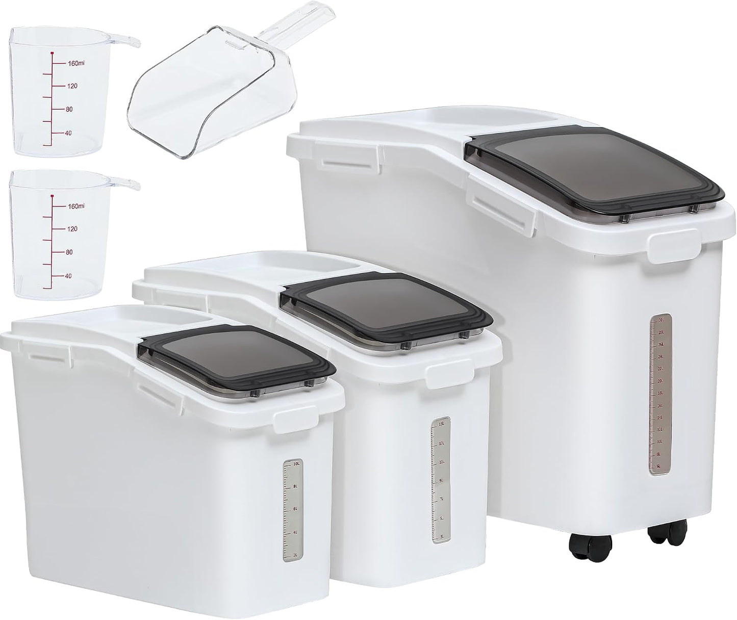 YITAHOME Ingredient Storage Bin, 20.6 Gal(11.4+5.8+3.4 Gal) Commercial Rice Flour Storage Container 500 Cups Storage Bins with Wheels Shelf-storage Bin with Scoop and Lid, Rice Bin for Kitchen, White