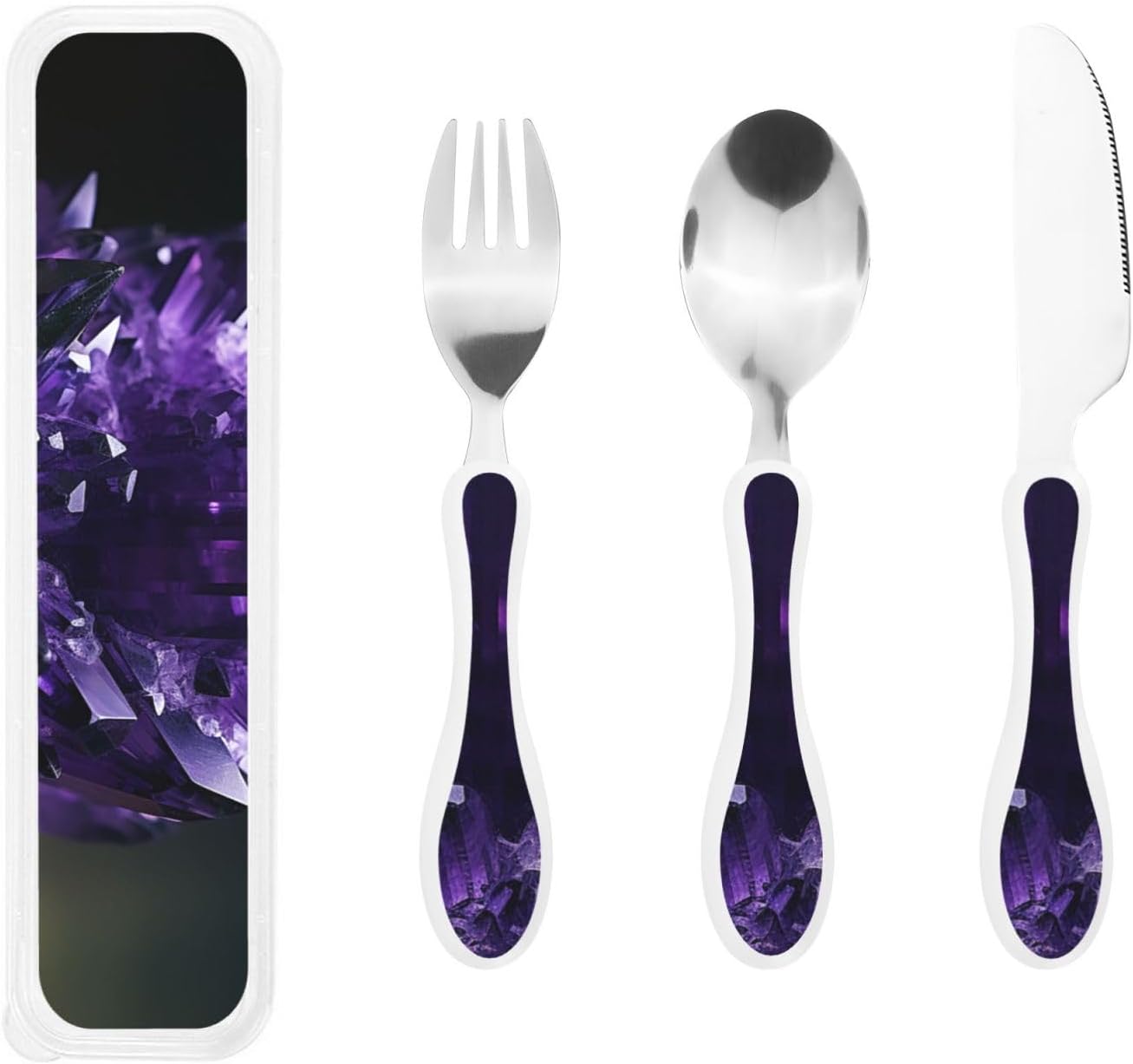 Stainless Steel Kids Silverware Set, Purple Amethyst Utensil Set Reusable Children Safe Knife Spoon Fork Set With Storage Case Dishwasher Safe For Lunch, Travel Outdoors