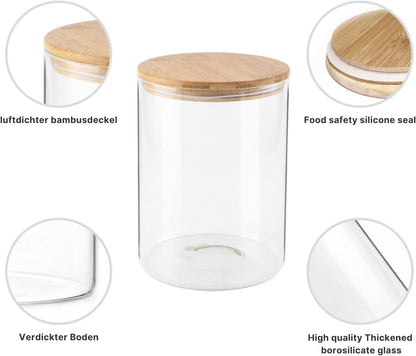 Glass Food Storage Jars 37 oz Set of 6,Glass Storage Containers Clear Glass Food Canister with Bamboo Lid Airtight For Serving Tea, Coffee, Flour, Sugar, Candy, Cookie, Spice and More (Square)