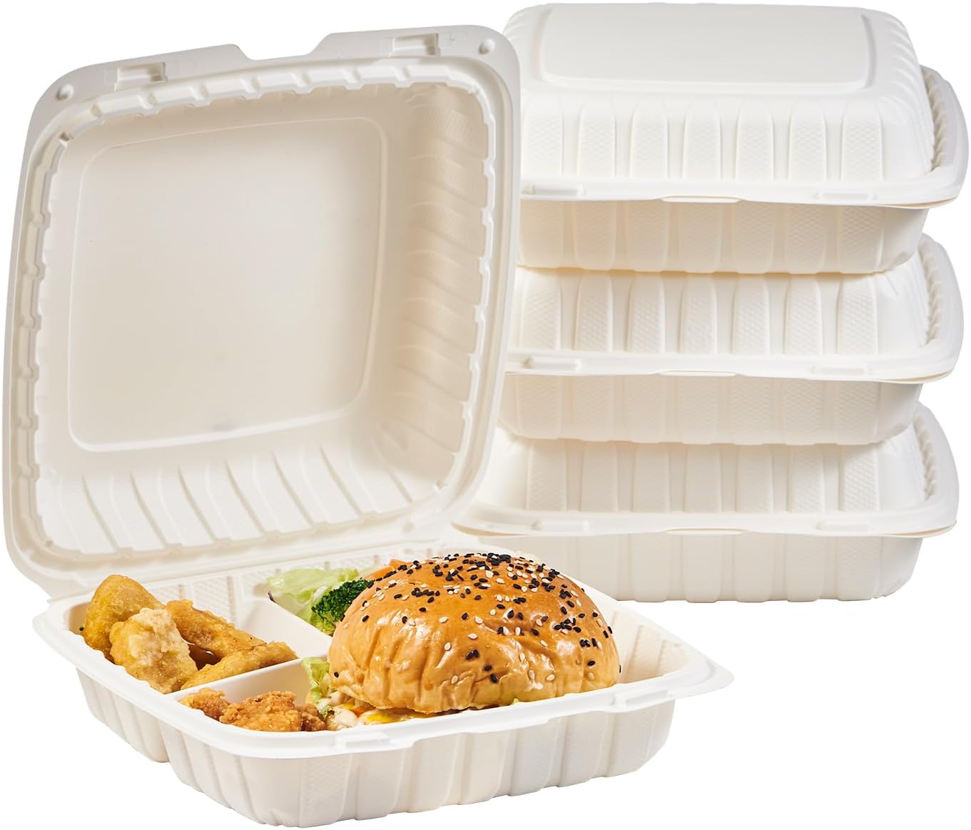8X8 3-Compartment 50-Pack Plastic Clamshell Takeout Food Trays Heavy Duty Togo Disposable Box Carryout Meal Prep Packaging Catering Hinged Containers With Secure Snap Lid (Formerly FULING)