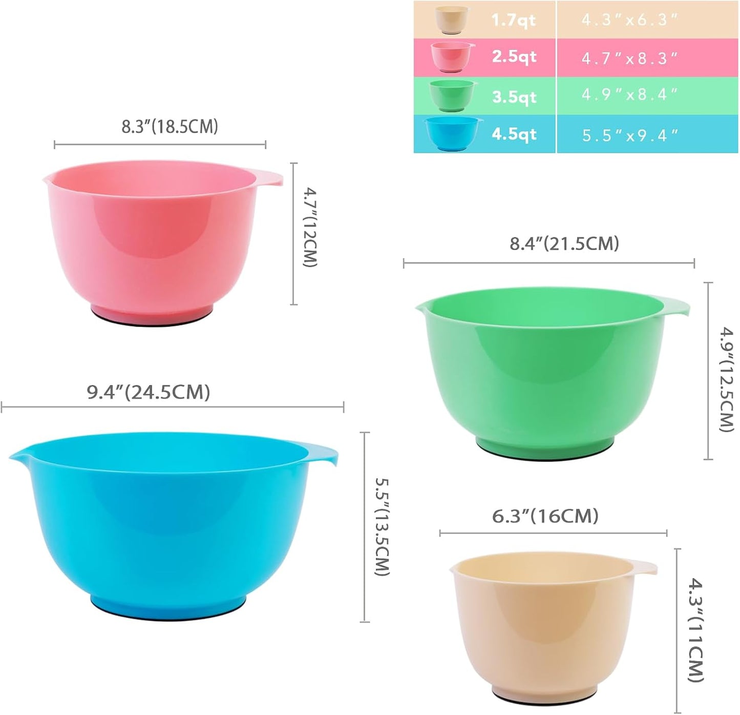 BoxedHome Nesting Plastic Mixing Bowl Set With Pour Spout, Microwave and Dishwasher Safe, BPA free Non-Slip Base, Set of 4 Size 1.7, 2.5, 3.5 and 4.5qt, Great for Prepping, Baking, Cooking (Dark Blue)