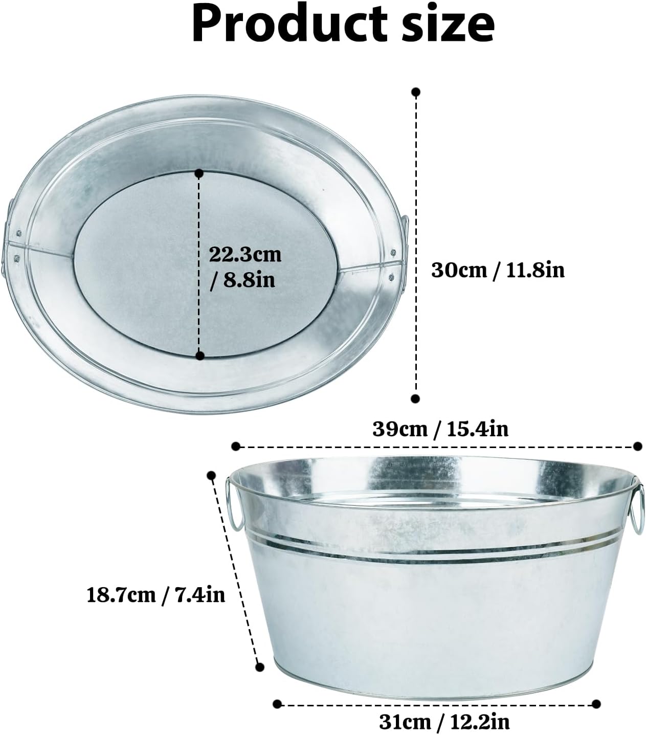 2 PCS 15.3 x 11.7 inch Oval Galvanized Tub with Handles, 3.5 Gallon Metal Ice Bucket, Large Metal Drink Buckets for Wine, Cocktails, Parties, Outdoor Beer Ice Tub