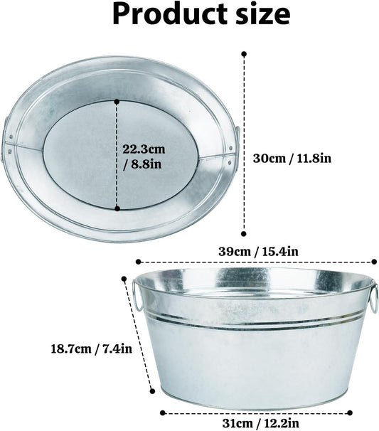 2 PCS 15.3 x 11.7 inch Oval Galvanized Tub with Handles, 3.5 Gallon Metal Ice Bucket, Large Metal Drink Buckets for Wine, Cocktails, Parties, Outdoor Beer Ice Tub