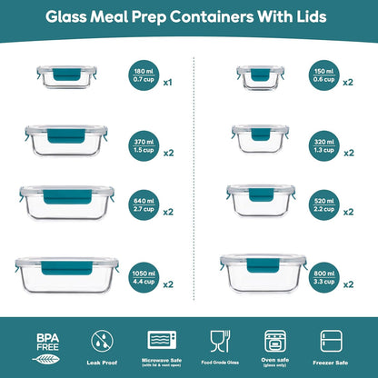 GENICOOK Glass Food Storage Containers With Glass Lids Bento Box Set Lunch Box Eco Friendly Meal Prep Containers Airtight – Plastic Free, Silicon Sleeve Bpa Free 4.4cup/ 5 * 1050ml