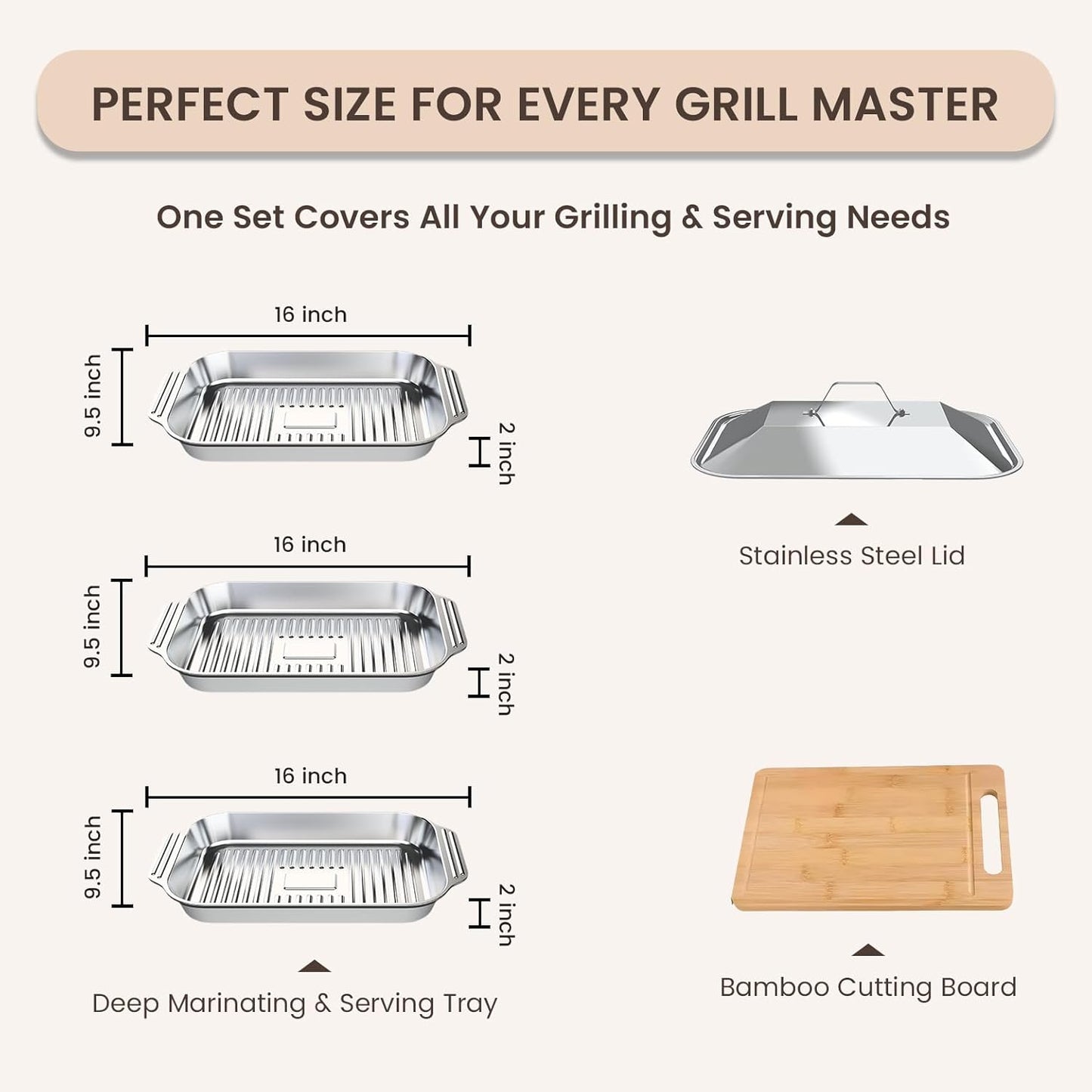 Grilling Prep and Serve Trays, 5-in-1 Grill Carry System Stainless Steel Food Prep Tray Set with Lid for BBQ, Marinating, and Serving