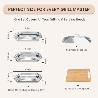 Grilling Prep and Serve Trays, 5-in-1 Grill Carry System Stainless Steel Food Prep Tray Set with Lid for BBQ, Marinating, and Serving