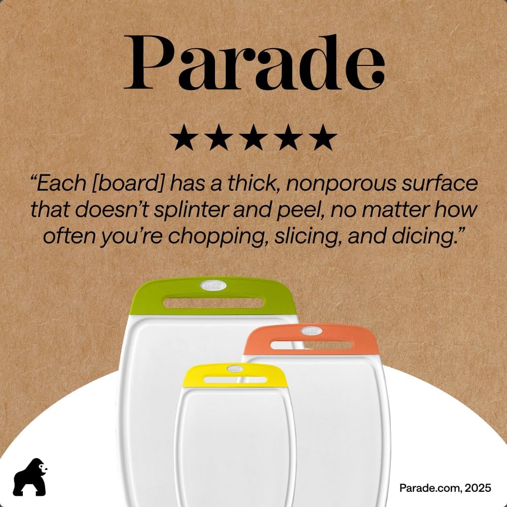 GORILLA GRIP BPA-Free Reversible Kitchen Cutting Board Set of 3, US Designed, Nonporous, Juice Grooves Catch Liquid, Slip Resistant Border, Dishwasher Safe, Durable Large Food Chopping Boards, Black