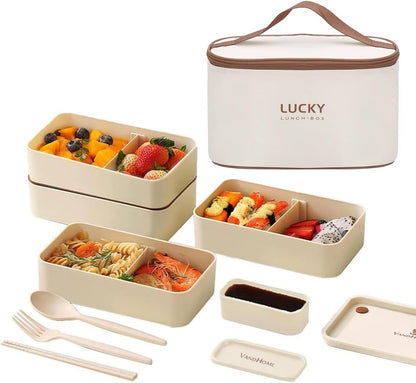 3 Compartments Bento Lunch box with Soup Bowl, Insulated Lunch Bag and Portable Utensils, Stainless Steel Camera Lunch Containers，Leak Proof Bento Box for Kids Adults Men Women…