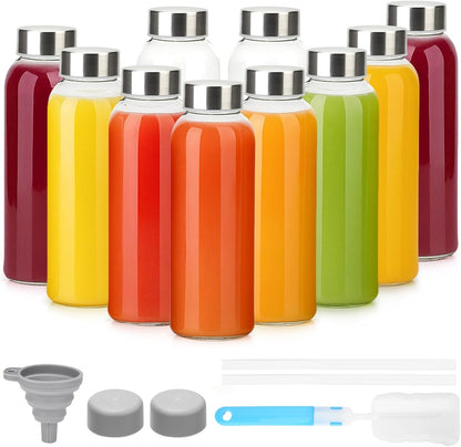 Glass Juice Bottles with Lids 10 oz, 6 Pack Reusable Small Glass Bottles with Stainless Steel Caps & Straws, BPA-Free Leak proof Juice Bottle Containers for Juicing, Milk, Smoothies & Fridge