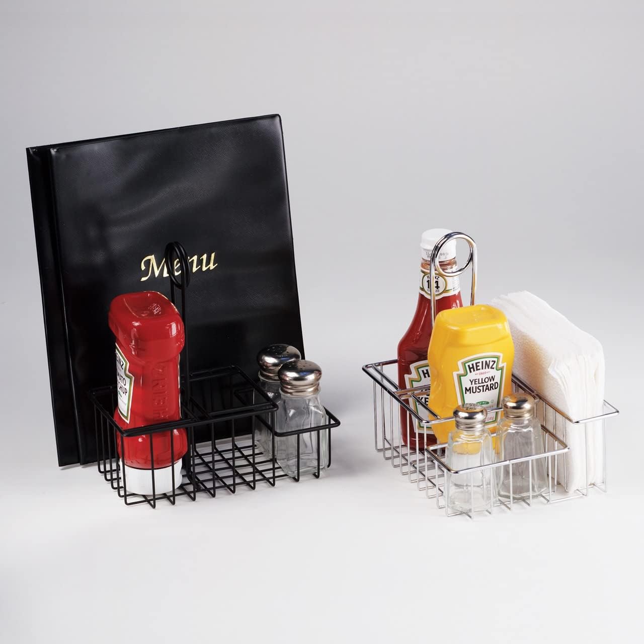 G.E.T. 4-31698 Black Metal Three Compartment Condiment Caddy with Menu Iron Powder Coated Table Caddies Collection