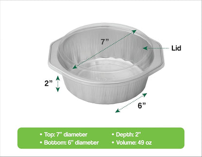 7" Round Aluminum Pans +Lids | 49oz, 7"x2" | 3X Thick, Reusable | Microwave, Oven, Air Fryer, and Grill Safe| Ideal for Camping, Lunch Box, and Meal Prep | For Pasta, Mac and Cheese, and Lasagna (24)