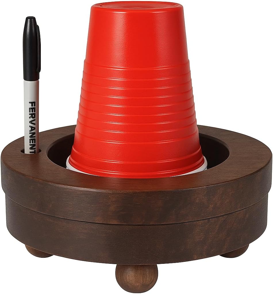 Wooden Party Cup Holder with Marker Slot, Disposable Solo Cup Holder Dispenser for Kitchen Bathroom- Paper Cup Drink up Organiser Rustic Finish 6" x 6" x 3" Inches Gifts Ideas