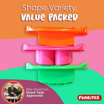 FUNBITES Crustless Sandwich Cutter for Kids Lunch, Uncrustable Sandwich Cutter (6-piece set), Bite-Size Food Cutter for Toddlers, Bento Box Accessories, Dishwasher Safe, Squares/Hearts/Triangles 3pk