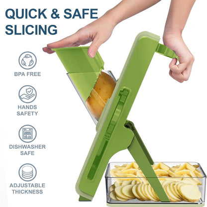Eletronova Safe Mandoline Slicer for Kitchen, Vegetable Slicer with Container, French Fry Cutter, All in 1 Julienne Slicer for Potato, Thickness Adjustable, Detachable Blade (Gray)