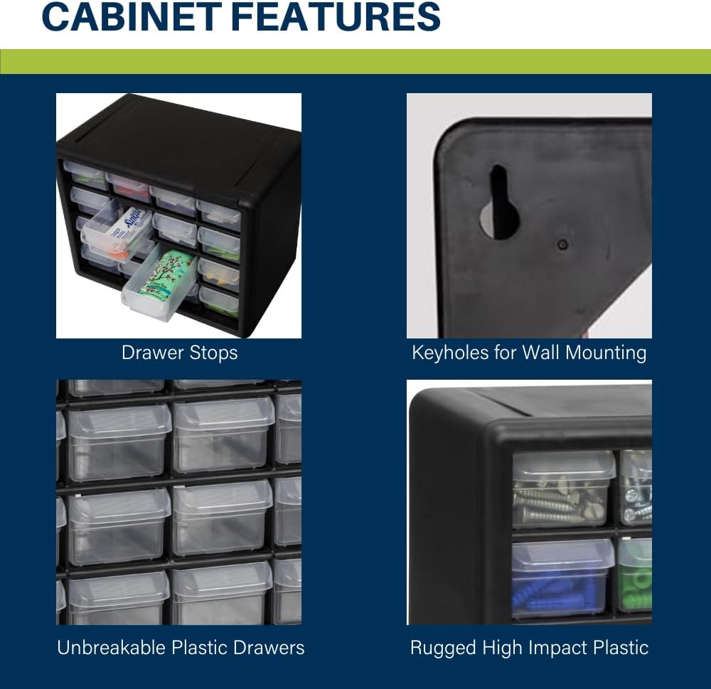 Akro-Mils 44-Drawer Plastic Drawer Storage Cabinet for Garage Organization, Bead Organizer, Building Bricks Storage, Teacher Toolbox, Makeup Organizer, 20" W x 6" D x 16" H, 10144 Black